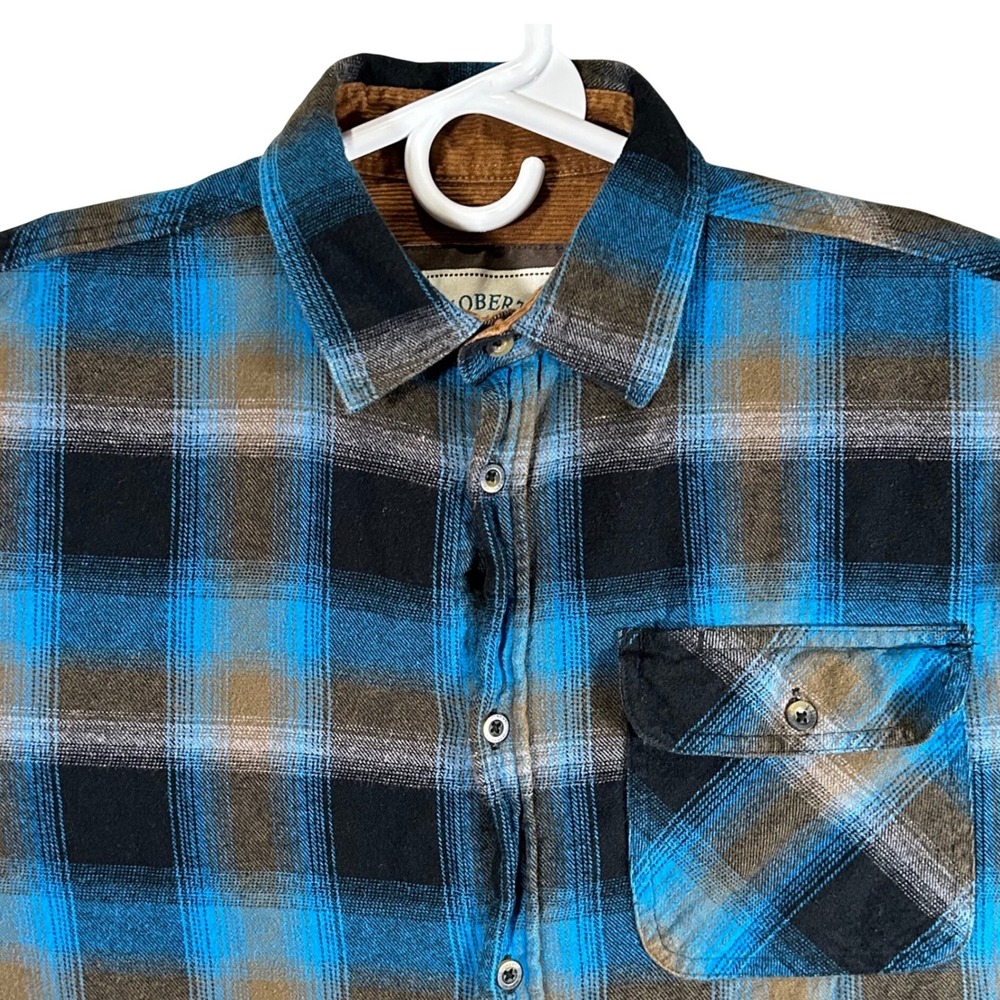Gioberti Mens Blue Brown Plaid Flannel Shirt Corduroy Trim Size Large